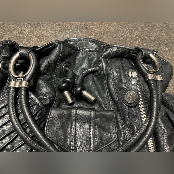 Lockheart Black Leather Purse Bag Satchel Rocker Metal Hardware Zippers Pockets - Picture 15 of 16